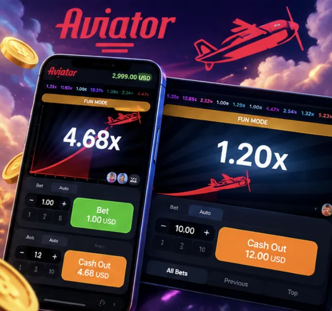 Aviator bei 1win auf dem Handy: Multiplikator, zwei Einsätze und Cashout-Buttons