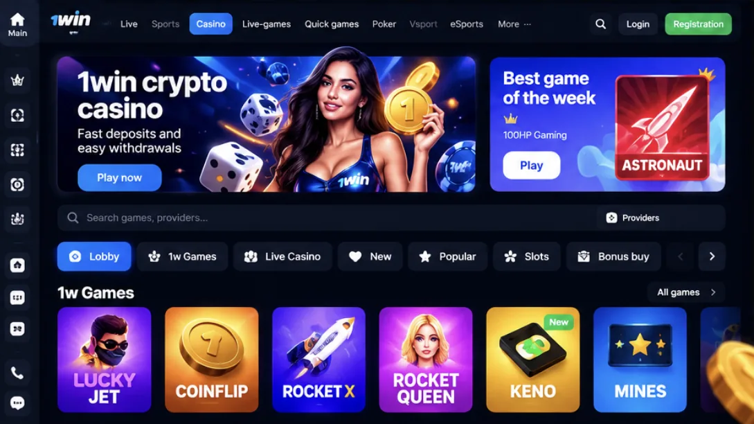 The 1win casino lobby with banners, search, category tabs and the 1w Games row