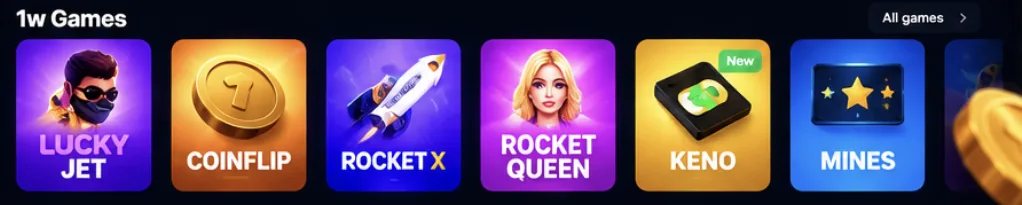 1w Games at 1win: Lucky Jet, Coinflip, RocketX, Rocket Queen, Keno and Mines