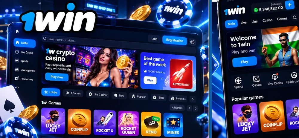 1win casino lobby on desktop and mobile with Lucky Jet, Rocket Queen and other games