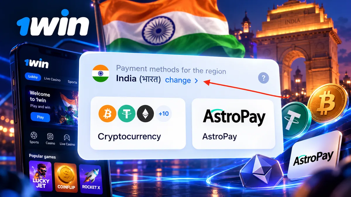 1win cashier showing cryptocurrency and other payment methods for a region