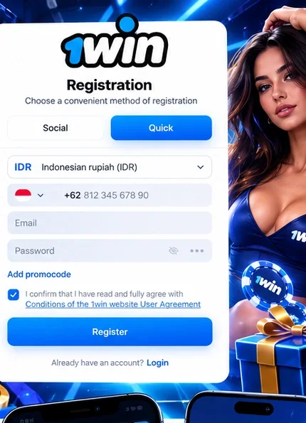 1win registration form with currency, phone number, email, password and promo code fields